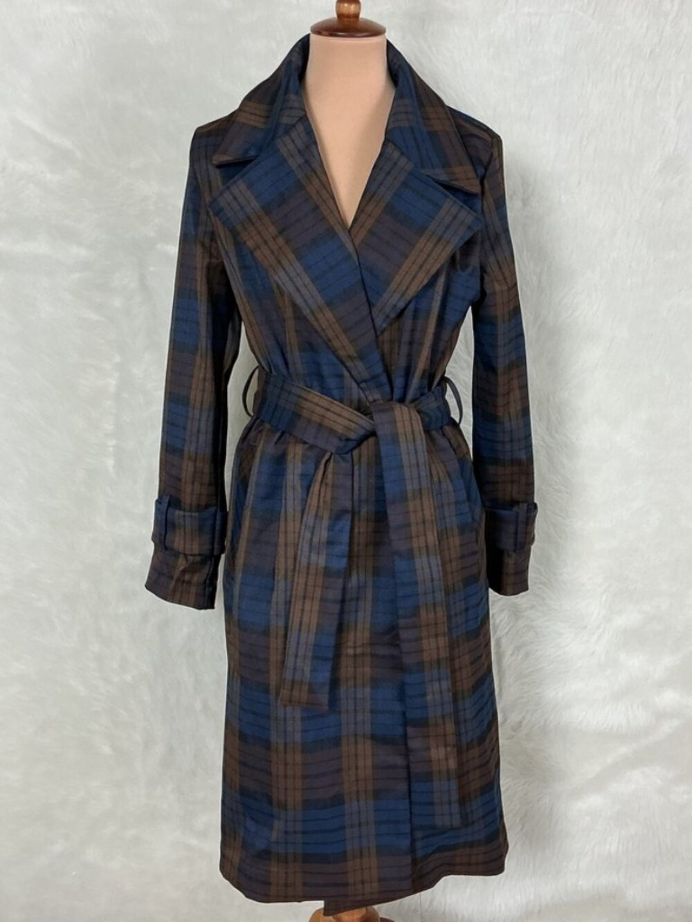 Rachel Zoe Brown Blue Plaid Belted Trench Coat NWOT Fall Preppy Classic M
